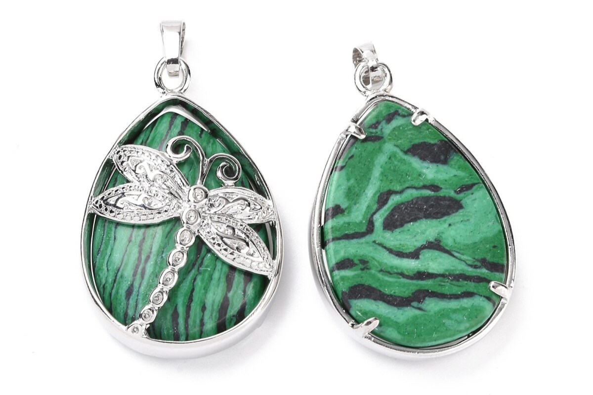 Pandantiv malachit, in montura argintiu inchis, libelula 40x26mm