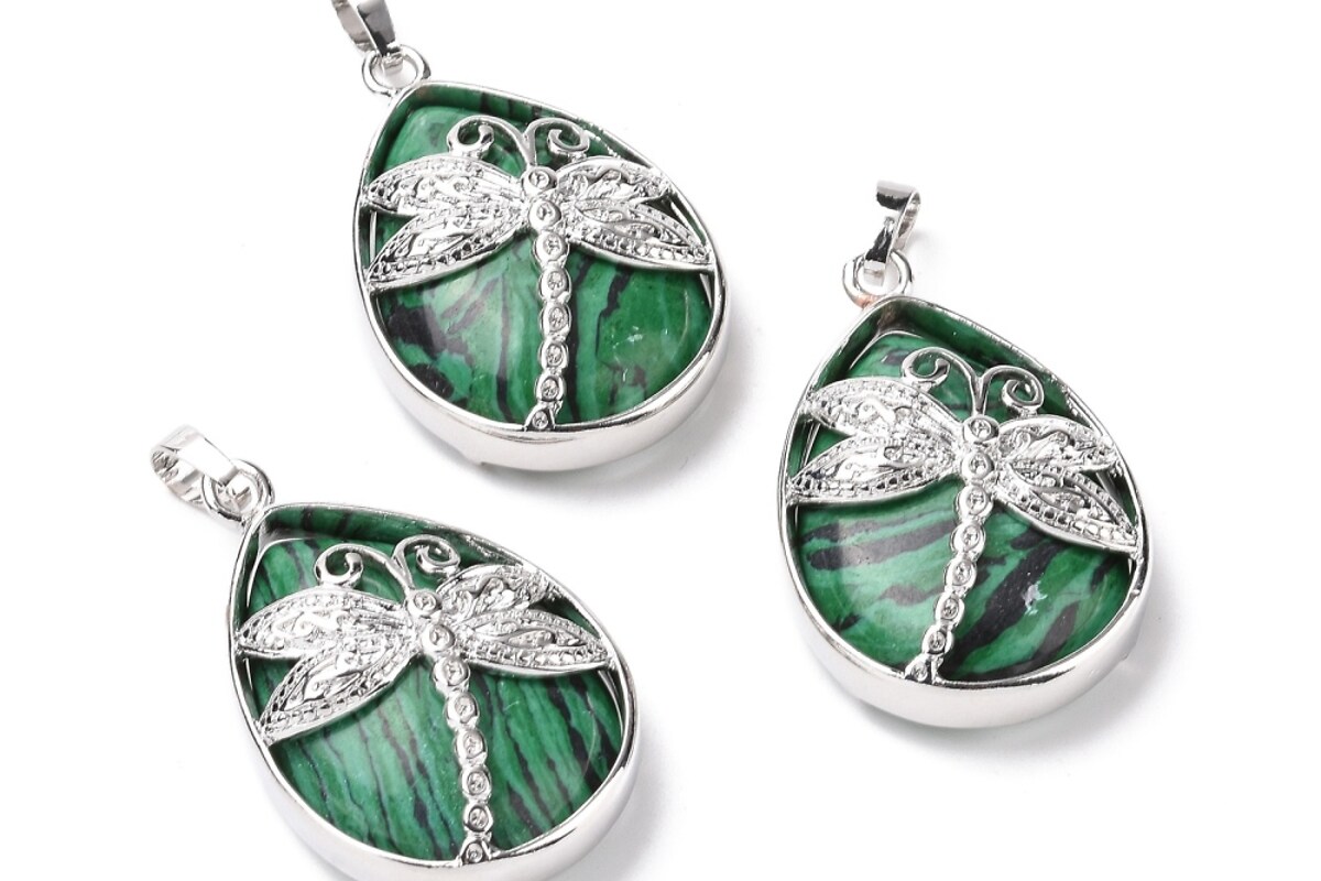 Pandantiv malachit, in montura argintiu inchis, libelula 40x26mm