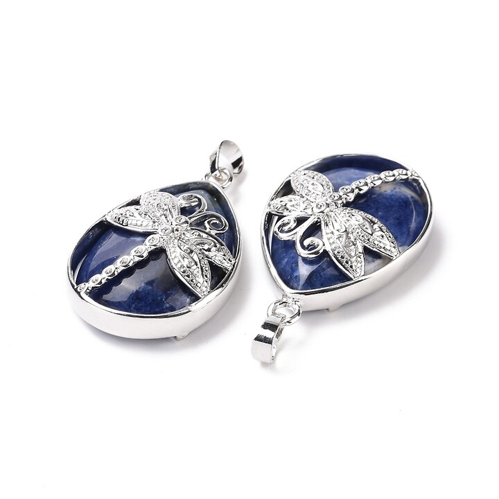 Pandantiv sodalit, in montura argintiu inchis, libelula 40x26mm