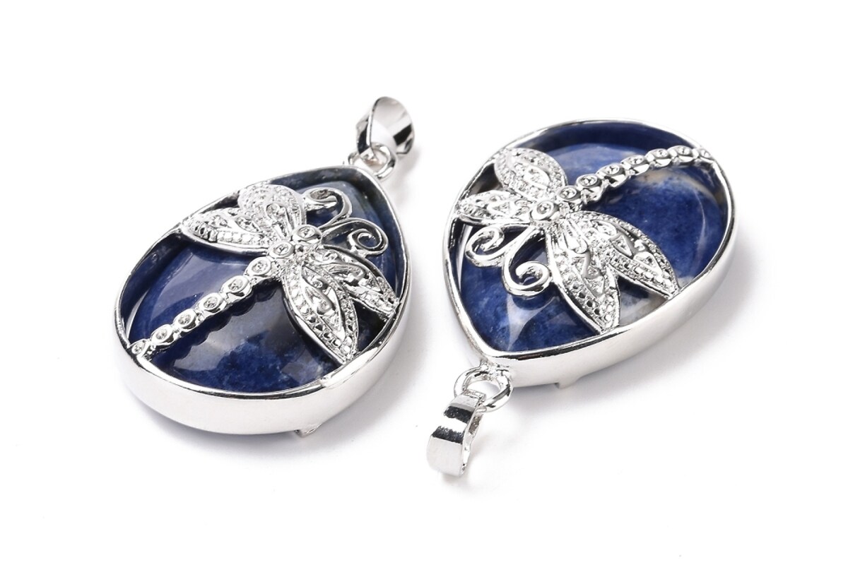 Pandantiv sodalit, in montura argintiu inchis, libelula 40x26mm