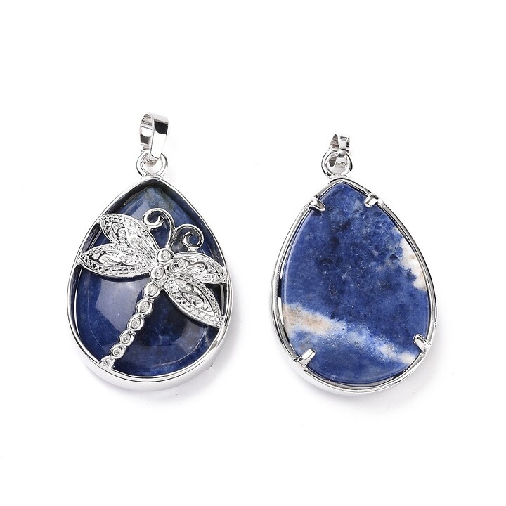 Pandantiv sodalit, in montura argintiu inchis, libelula 40x26mm