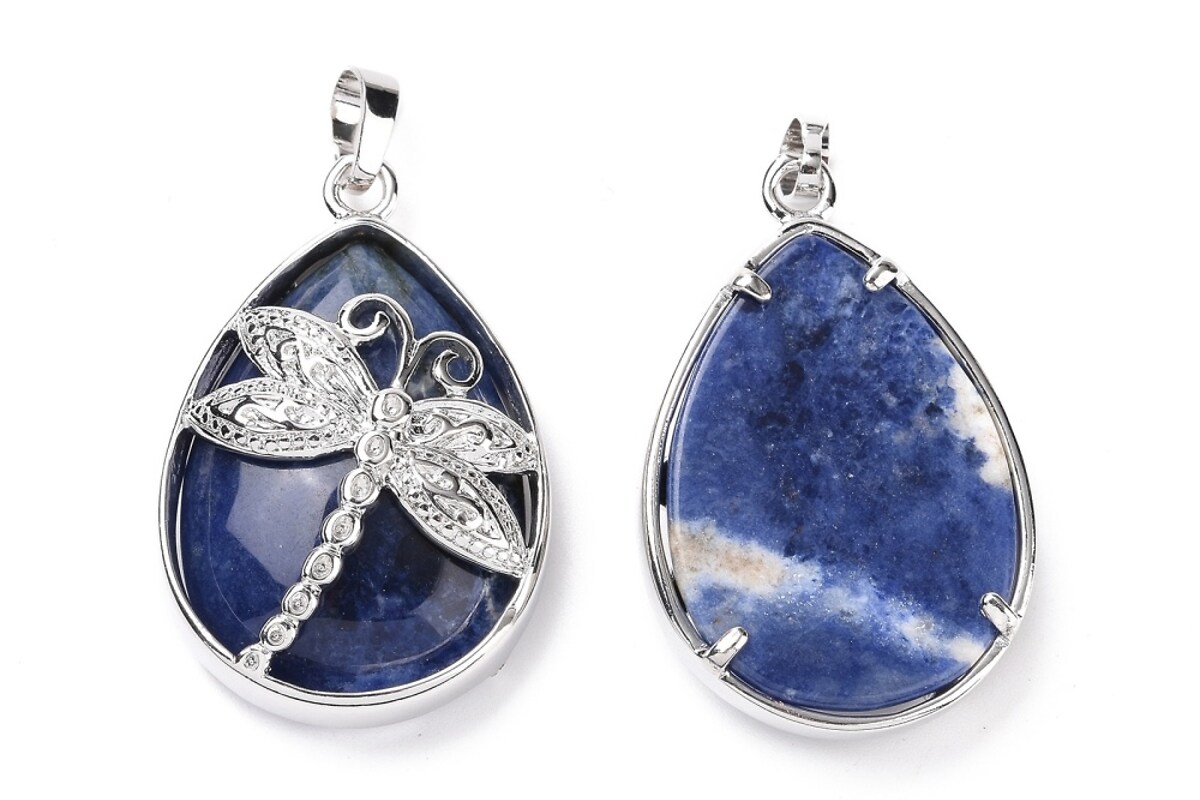 Pandantiv sodalit, in montura argintiu inchis, libelula 40x26mm