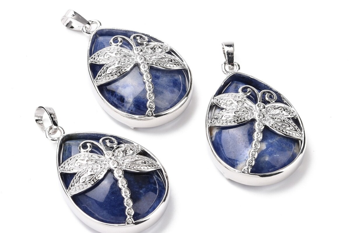 Pandantiv sodalit, in montura argintiu inchis, libelula 40x26mm