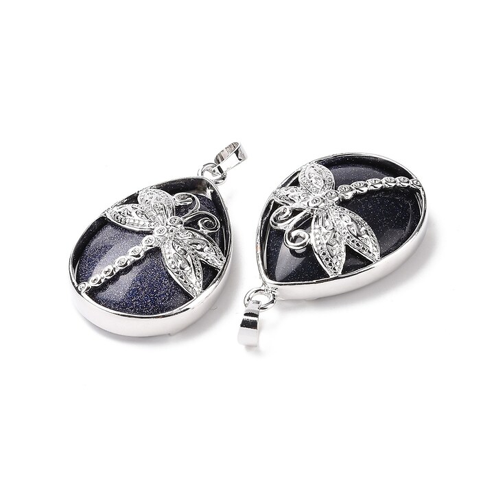 Pandantiv blue goldstone, in montura argintiu inchis, libelula 40x26mm