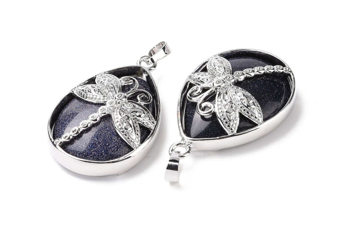 Pandantiv blue goldstone, in montura argintiu inchis, libelula 40x26mm