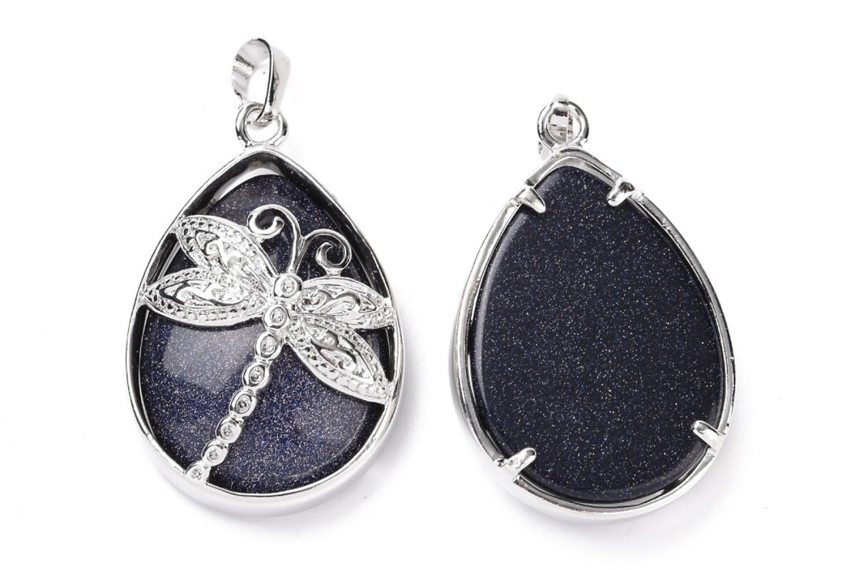 Pandantiv blue goldstone, in montura argintiu inchis, libelula 40x26mm