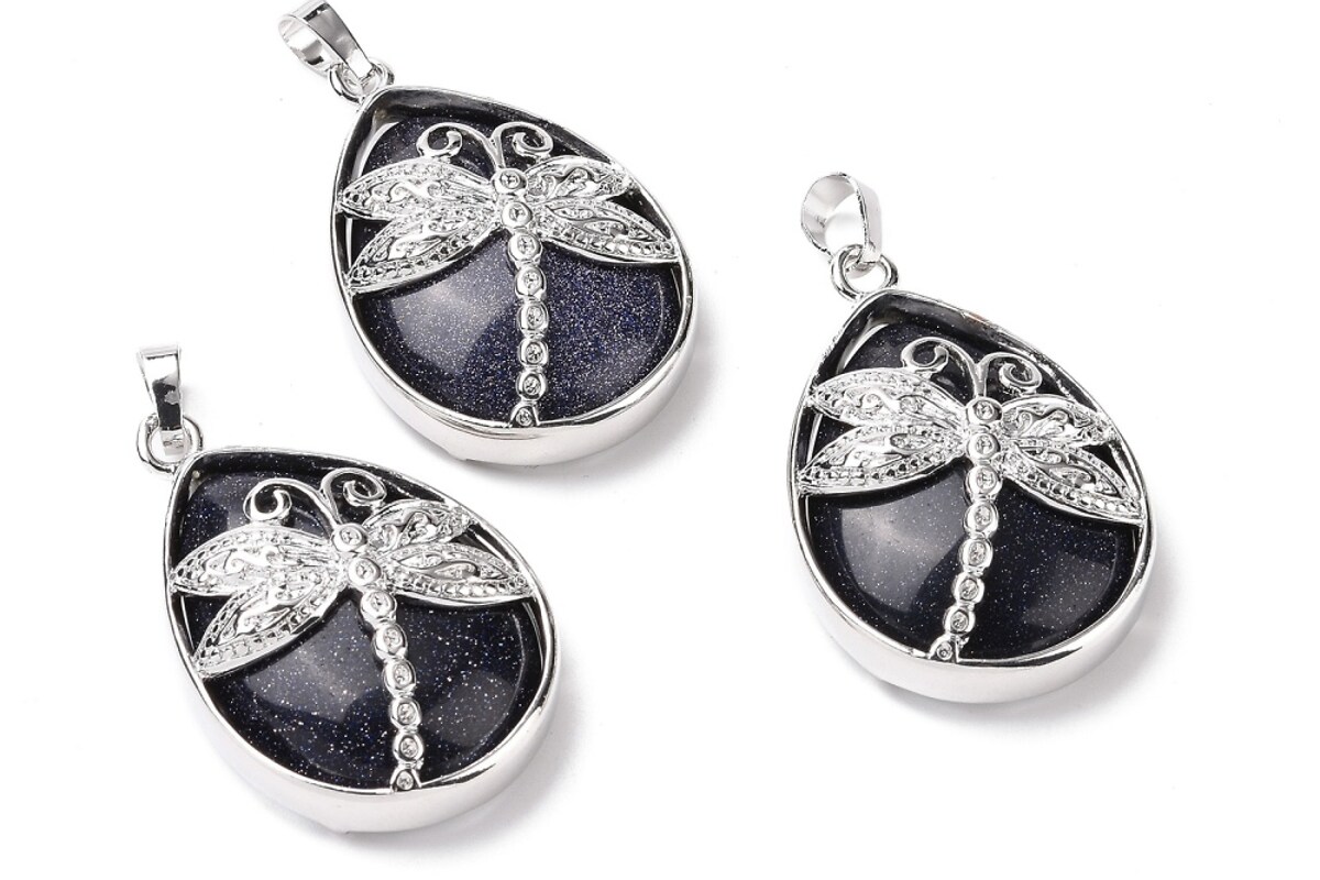 Pandantiv blue goldstone, in montura argintiu inchis, libelula 40x26mm