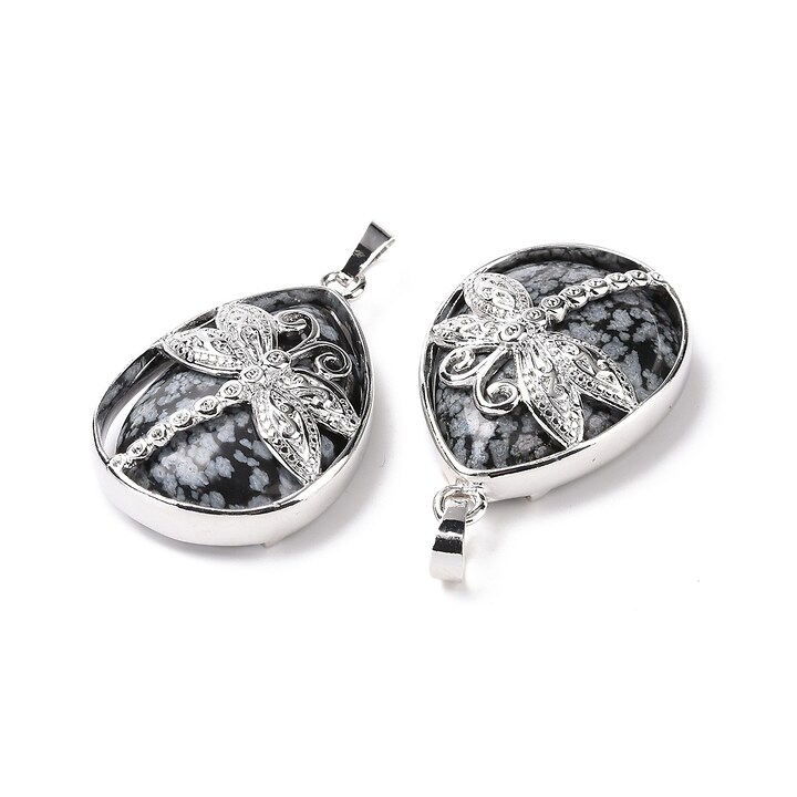 Pandantiv snowflake obsidian, in montura argintiu inchis, libelula 40x26mm