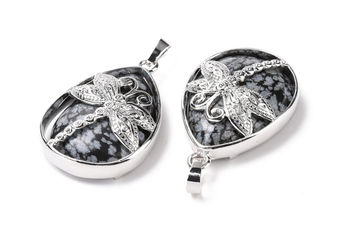 Pandantiv snowflake obsidian, in montura argintiu inchis, libelula 40x26mm