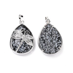 Pandantiv snowflake obsidian, in montura argintiu inchis, libelula 40x26mm