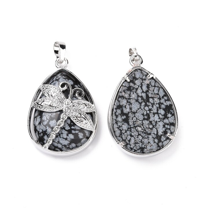 Pandantiv snowflake obsidian, in montura argintiu inchis, libelula 40x26mm
