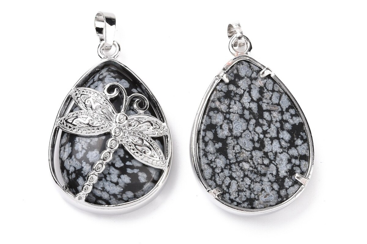Pandantiv snowflake obsidian, in montura argintiu inchis, libelula 40x26mm