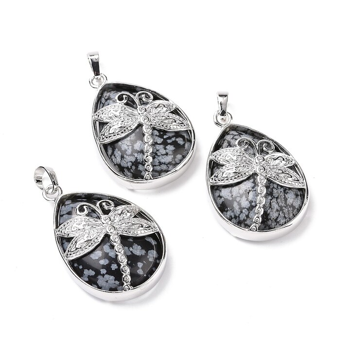 Pandantiv snowflake obsidian, in montura argintiu inchis, libelula 40x26mm