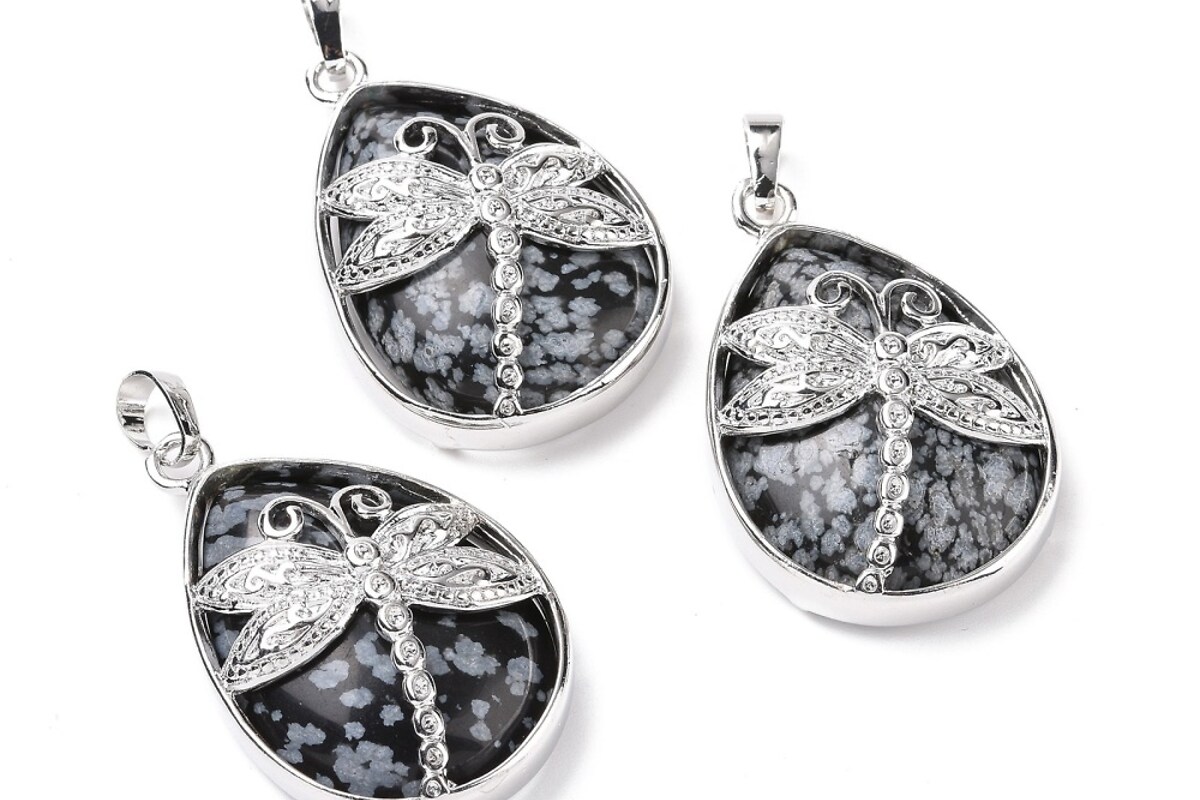 Pandantiv snowflake obsidian, in montura argintiu inchis, libelula 40x26mm
