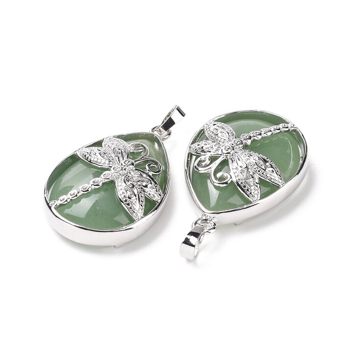 Pandantiv aventurin verde, in montura argintiu inchis, libelula 40x26mm