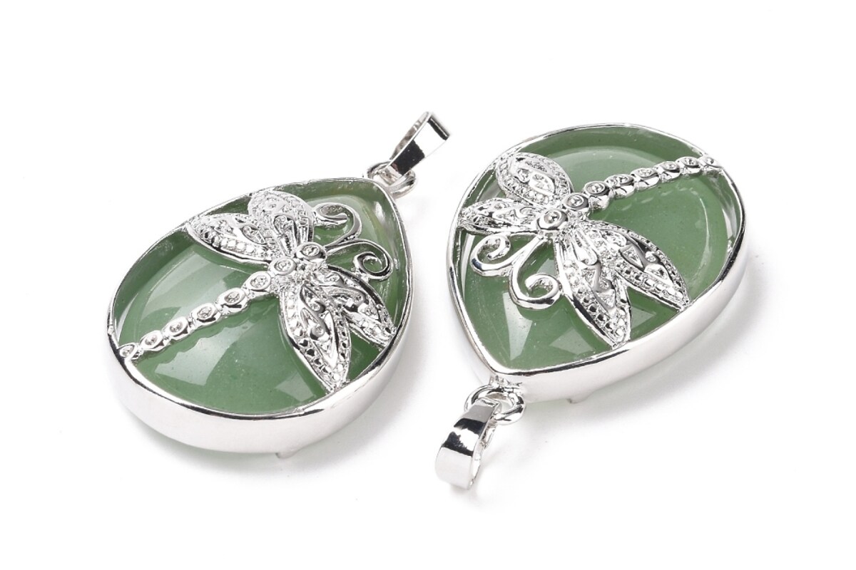 Pandantiv aventurin verde, in montura argintiu inchis, libelula 40x26mm