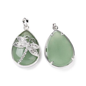 Pandantiv aventurin verde, in montura argintiu inchis, libelula 40x26mm