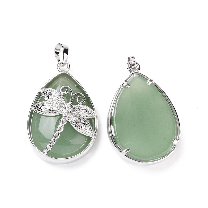 Pandantiv aventurin verde, in montura argintiu inchis, libelula 40x26mm
