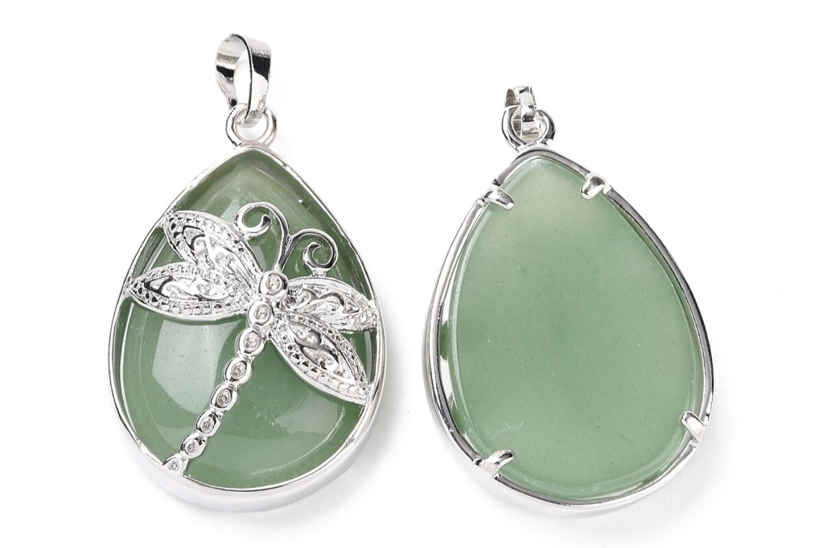 Pandantiv aventurin verde, in montura argintiu inchis, libelula 40x26mm