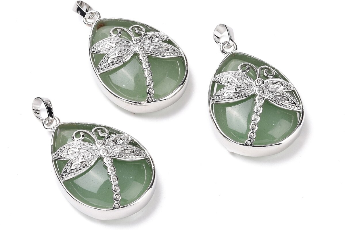 Pandantiv aventurin verde, in montura argintiu inchis, libelula 40x26mm