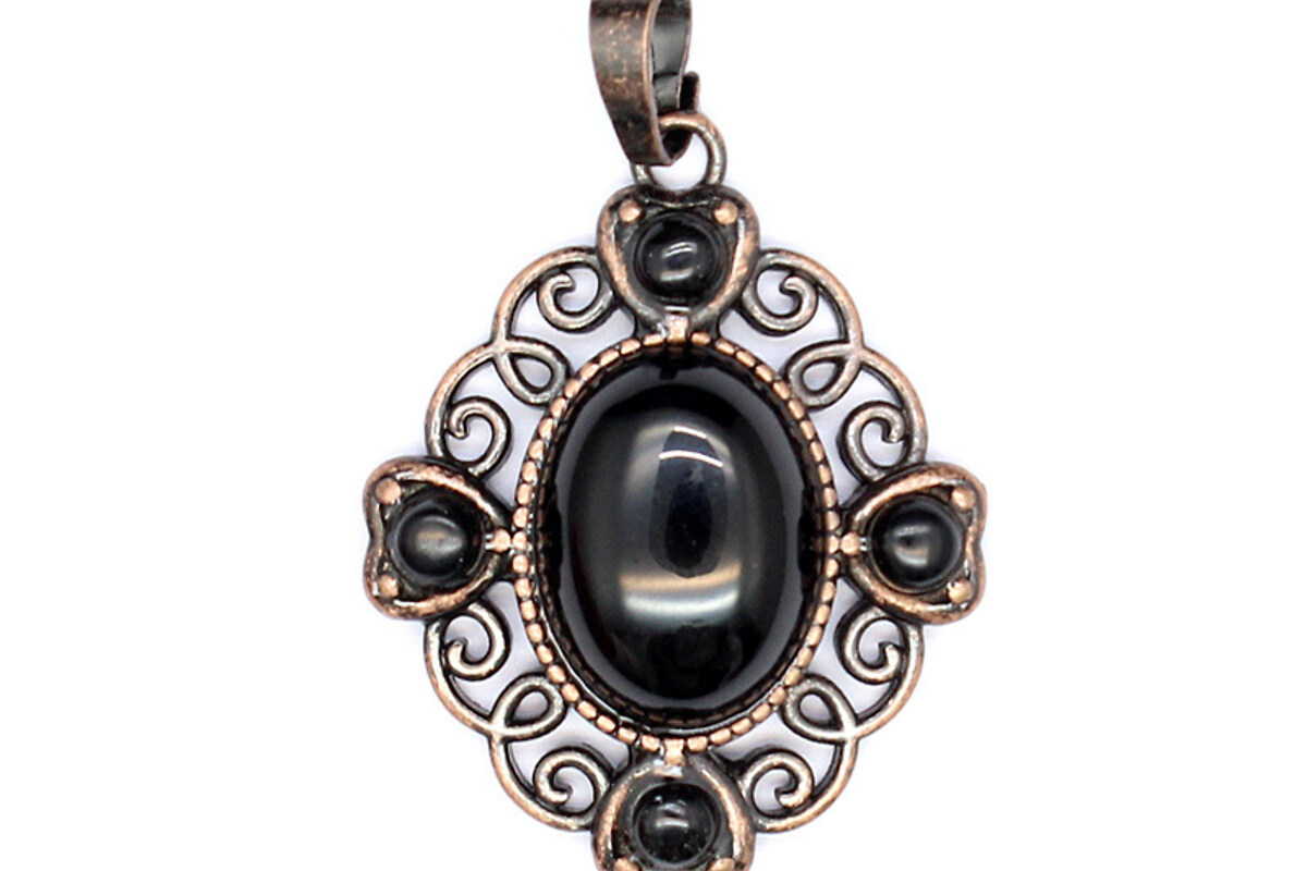 Pandantiv obsidian natural, in montura cupru, floare 33x27mm