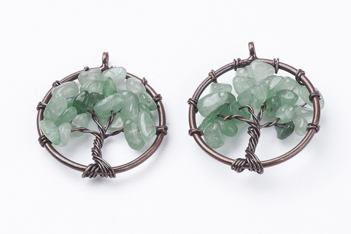 Pandantiv copacul vietii cu aventurin verde, in montura cupru, 29mm