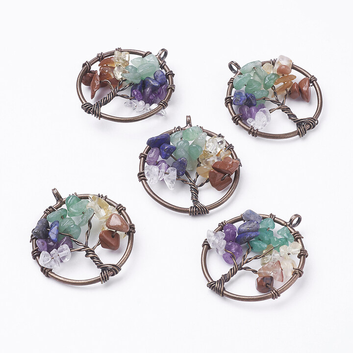 Pandantiv copacul vietii cu pietre semipretioase mix, in montura cupru, 29mm