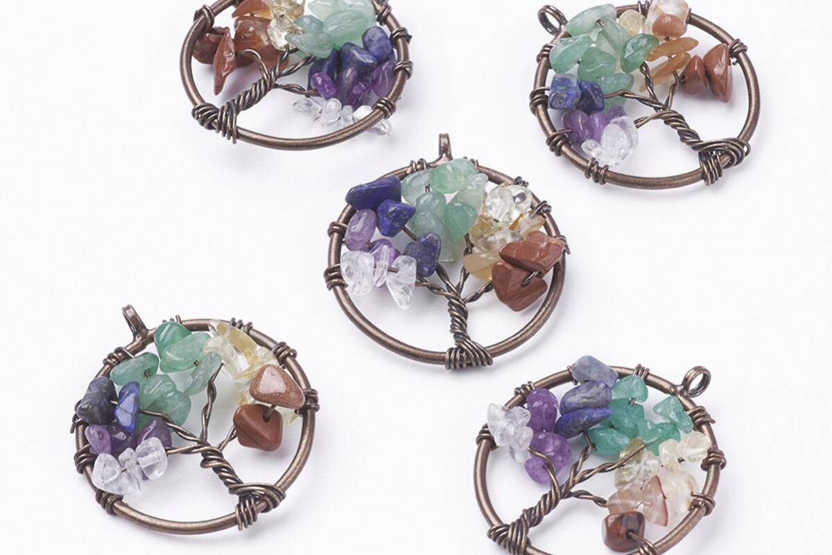 Pandantiv copacul vietii cu pietre semipretioase mix, in montura cupru, 29mm