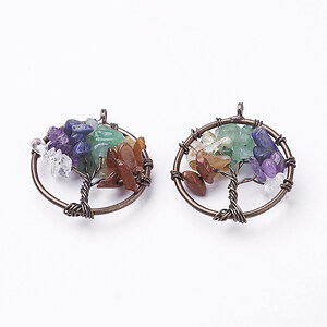 Pandantiv copacul vietii cu pietre semipretioase mix, in montura cupru, 29mm