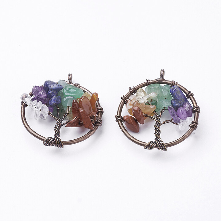 Pandantiv copacul vietii cu pietre semipretioase mix, in montura cupru, 29mm