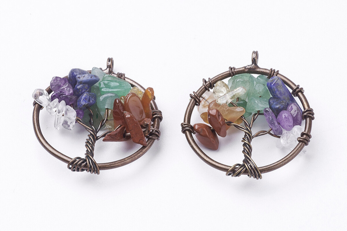 Pandantiv copacul vietii cu pietre semipretioase mix, in montura cupru, 29mm