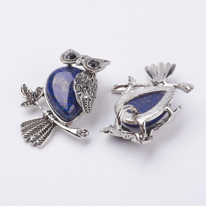 Pandantiv bufnita cu lapis lazuli, in montura argintiu antichizat, 46x35mm