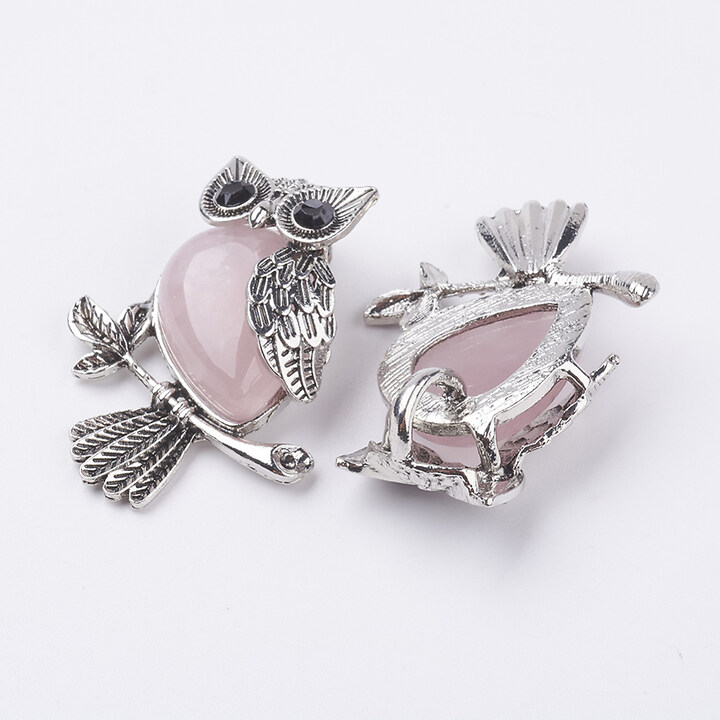 Pandantiv bufnita cu cuart roz, in montura argintiu antichizat, 46x35mm