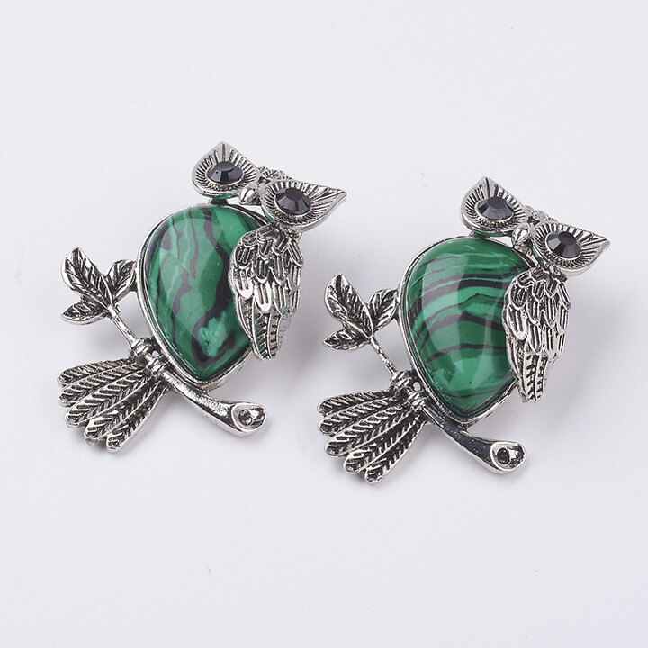 Pandantiv bufnita cu malachit, in montura argintiu antichizat, 46x35mm