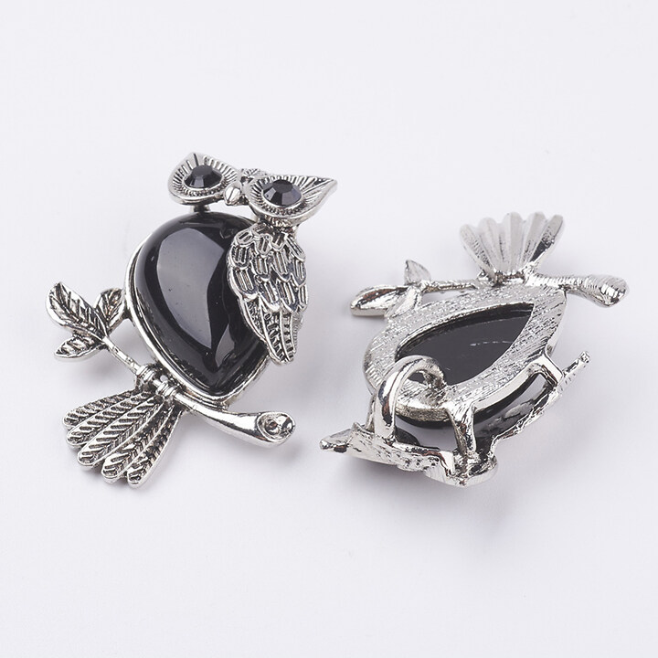 Pandantiv bufnita cu agata neagra, in montura argintiu antichizat, 46x35mm