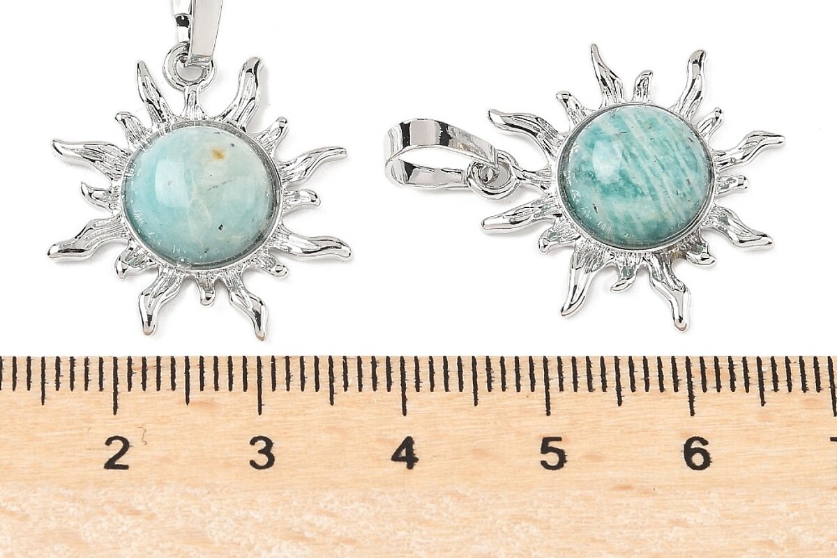 Pandantiv soare cu amazonite, in montura argintiu inchis, 23x22mm