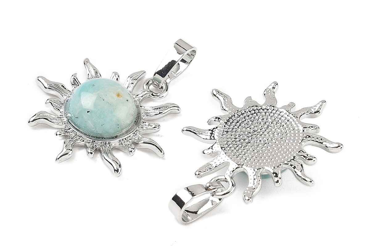 Pandantiv soare cu amazonite, in montura argintiu inchis, 23x22mm