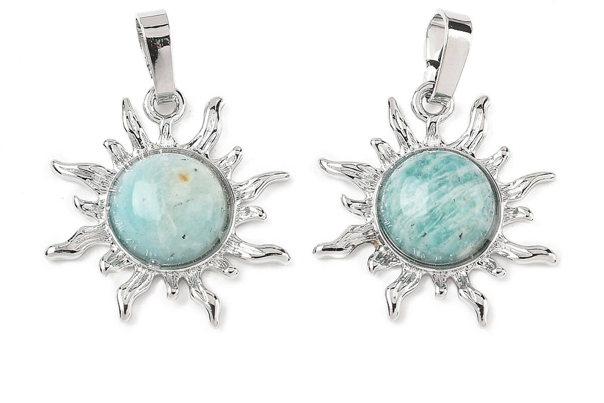 Pandantiv soare cu amazonite, in montura argintiu inchis, 23x22mm