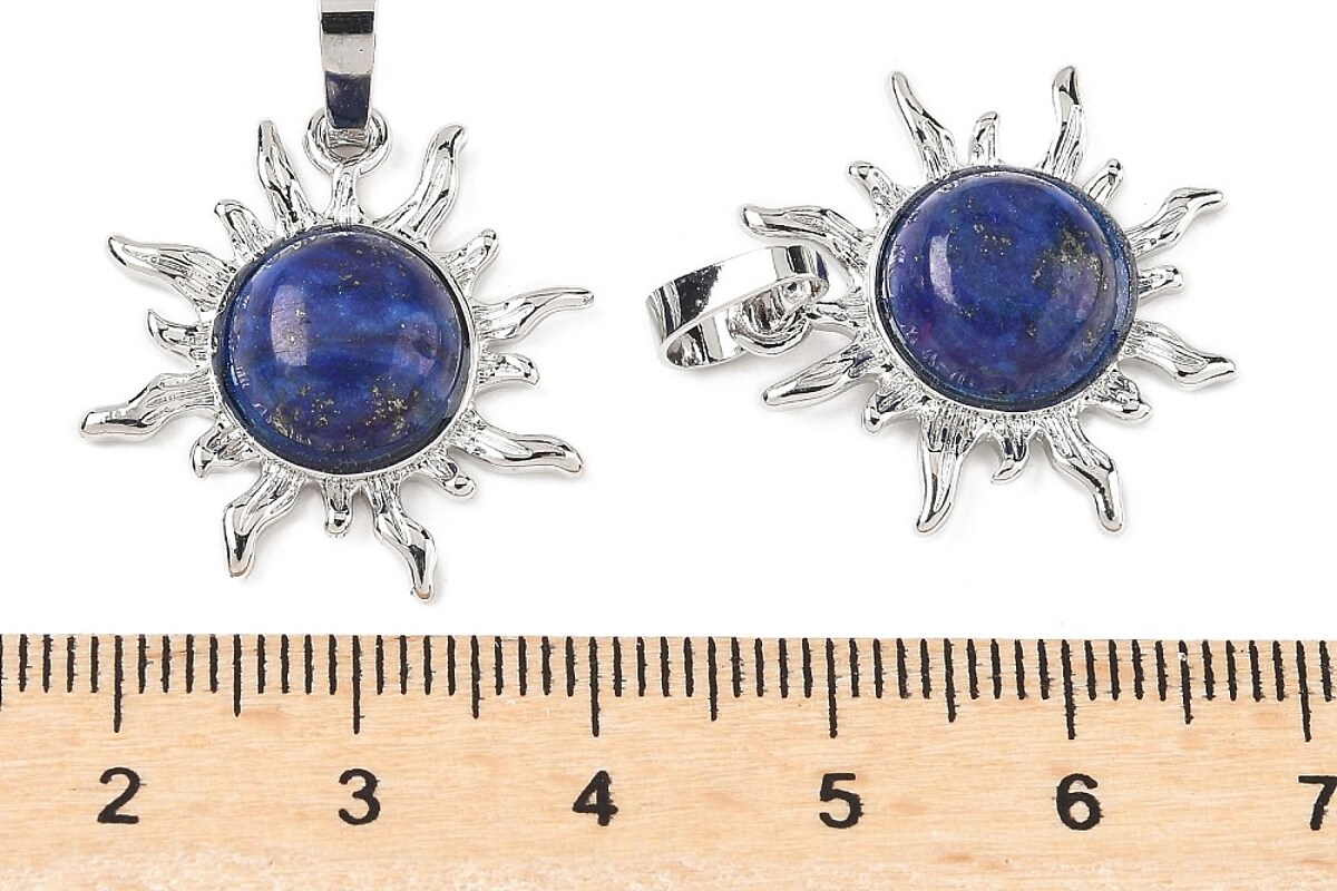 Pandantiv soare cu lapis lazuli, in montura argintiu inchis, 23x22mm