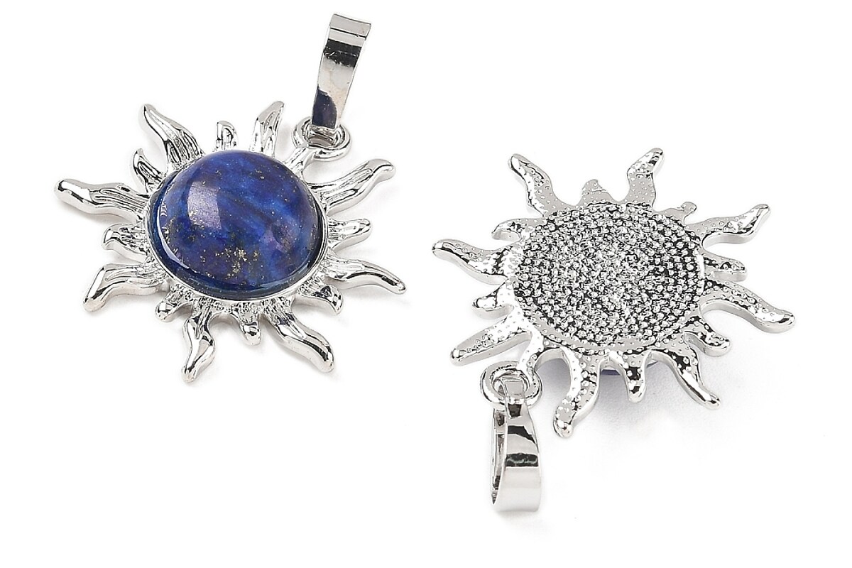Pandantiv soare cu lapis lazuli, in montura argintiu inchis, 23x22mm