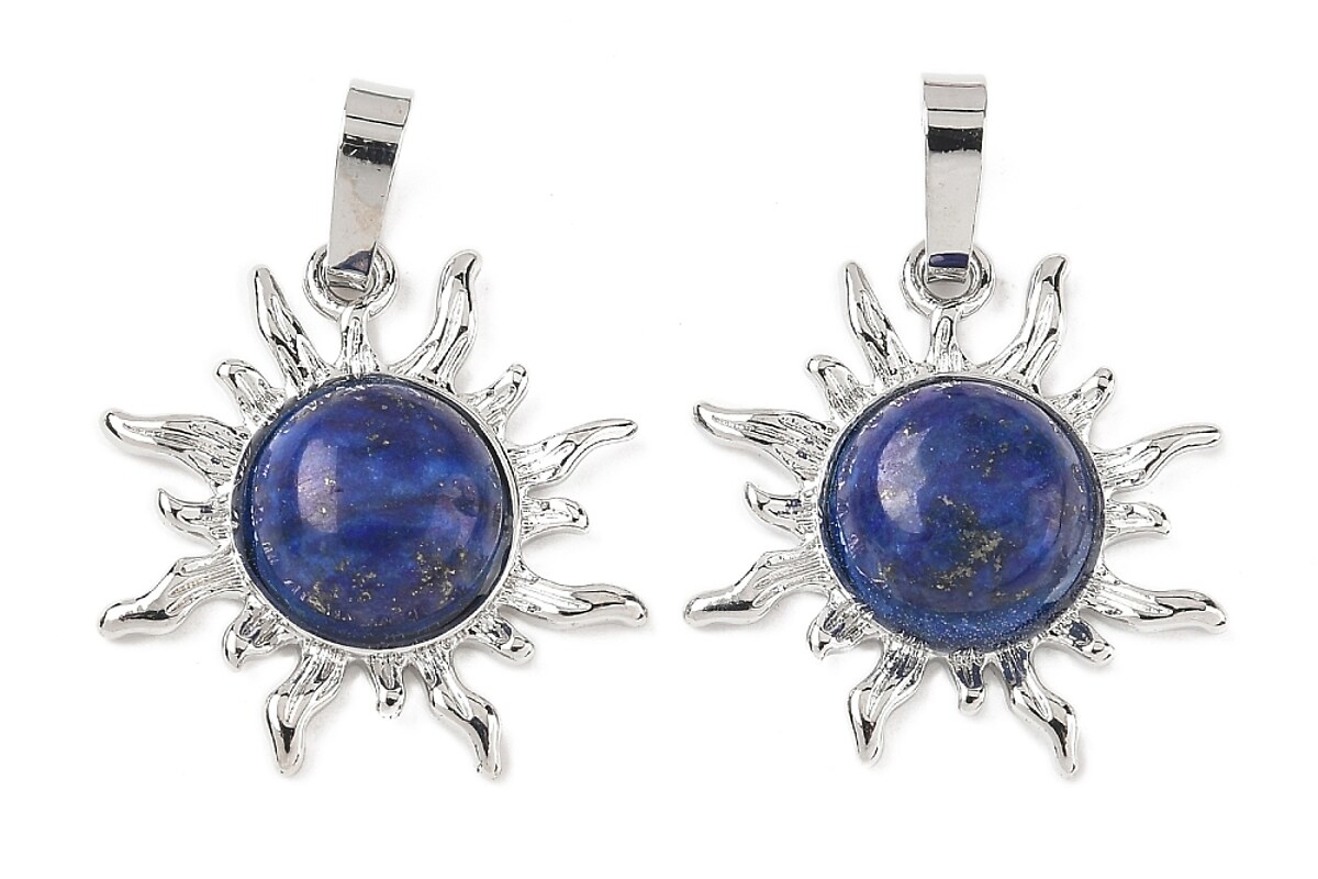 Pandantiv soare cu lapis lazuli, in montura argintiu inchis, 23x22mm