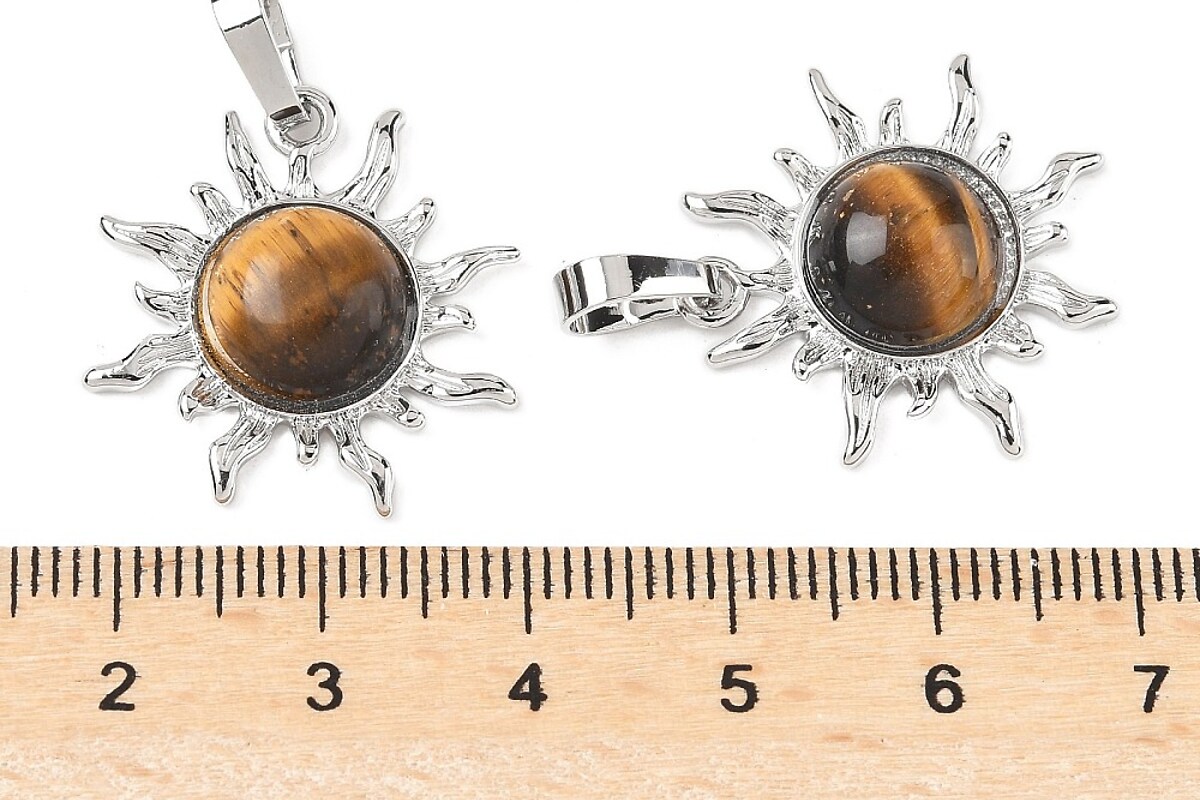 Pandantiv soare cu ochi de tigru, in montura argintiu inchis, 23x22mm