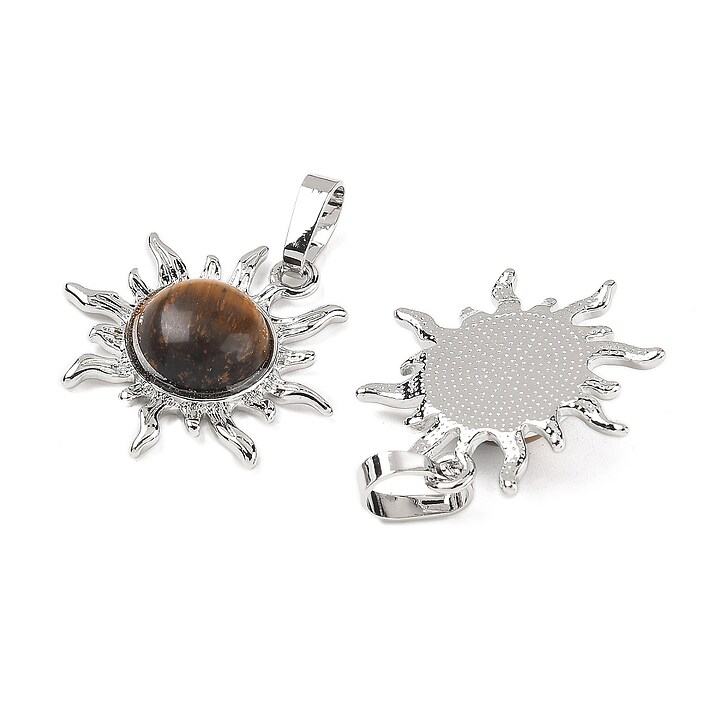 Pandantiv soare cu ochi de tigru, in montura argintiu inchis, 23x22mm