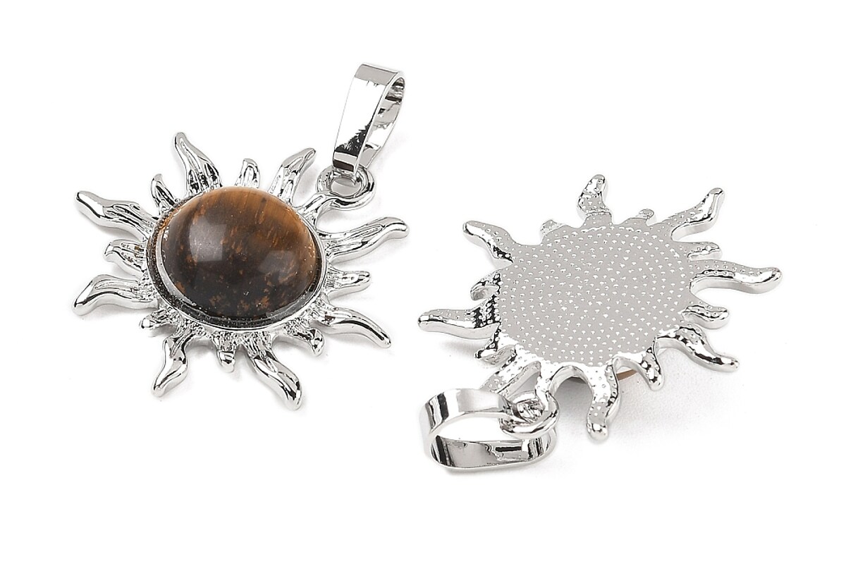 Pandantiv soare cu ochi de tigru, in montura argintiu inchis, 23x22mm