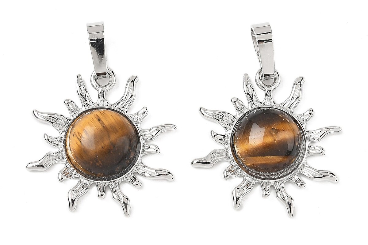 Pandantiv soare cu ochi de tigru, in montura argintiu inchis, 23x22mm