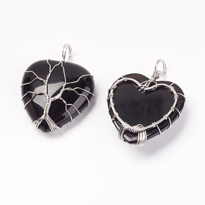 Pandantiv inima copacul vietii agata neagra, in montura argintiu inchis, 40x30mm