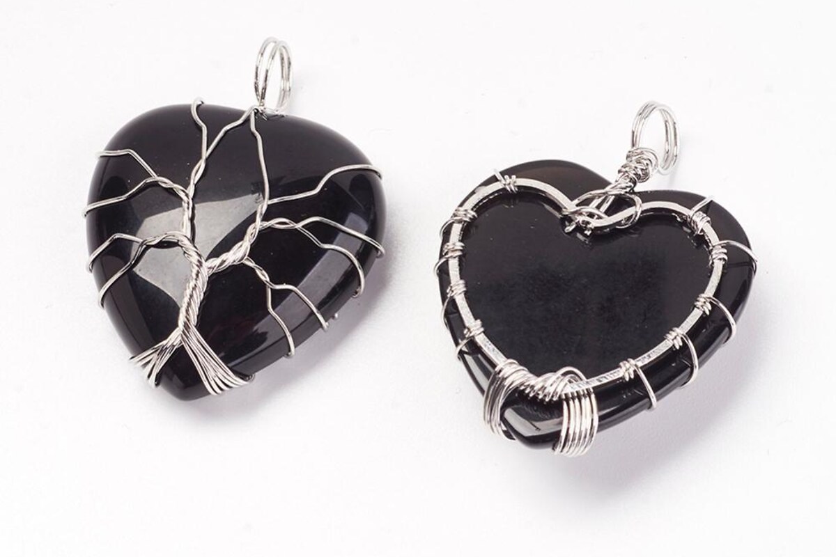 Pandantiv inima copacul vietii agata neagra, in montura argintiu inchis, 40x30mm
