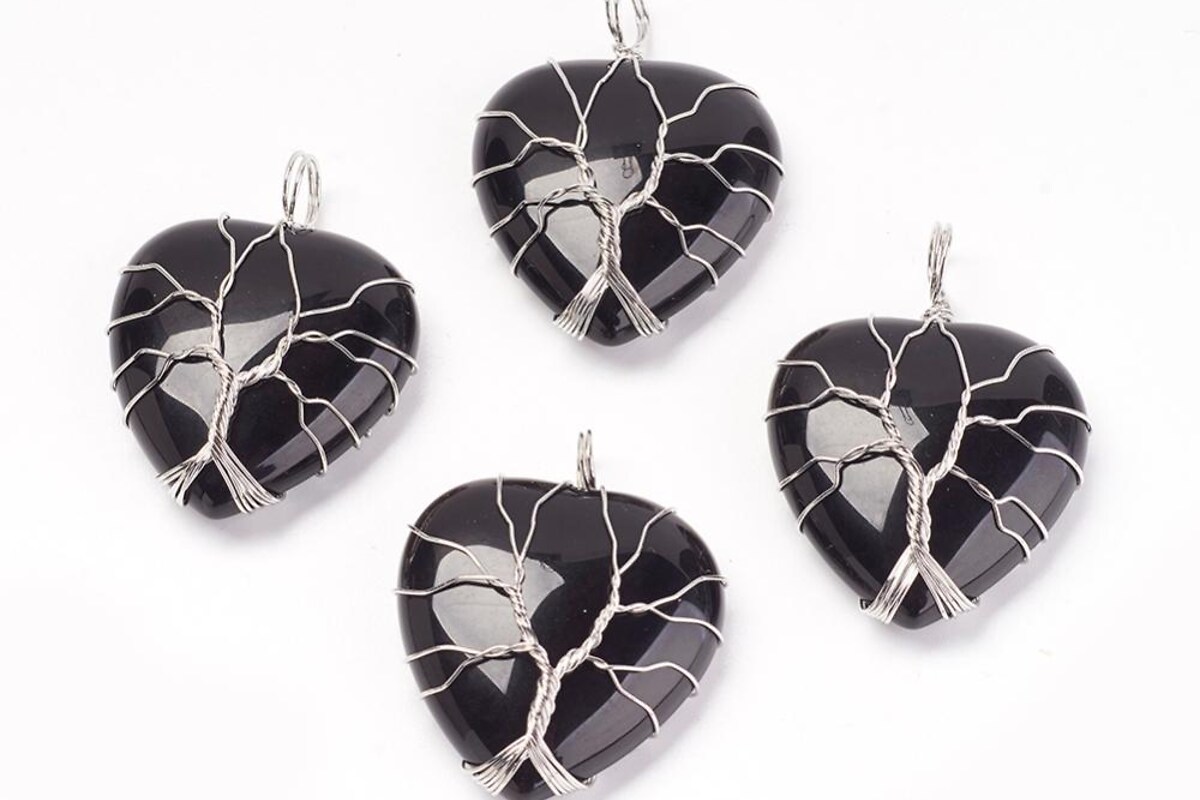 Pandantiv inima copacul vietii agata neagra, in montura argintiu inchis, 40x30mm