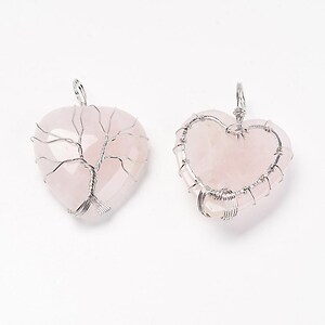 Pandantiv inima copacul vietii cuart roz, in montura argintiu inchis, 40x30mm