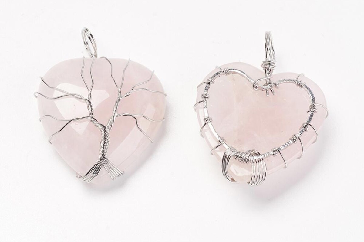 Pandantiv inima copacul vietii cuart roz, in montura argintiu inchis, 40x30mm
